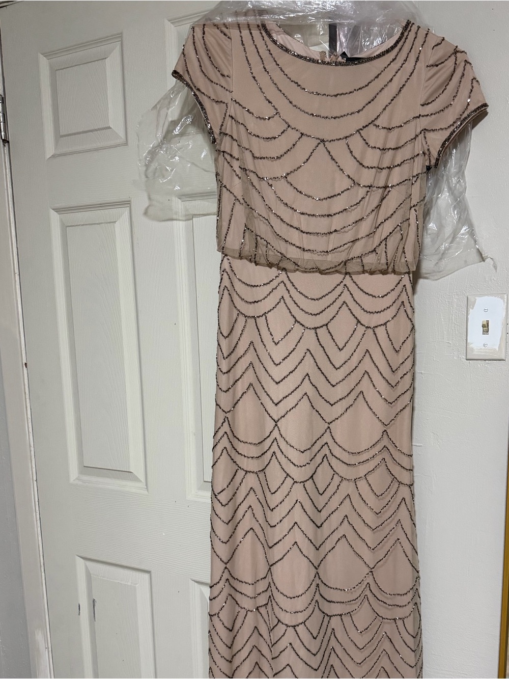 Adrianna Papell Nude Beaded Cap-Sleeve Maxi Dress